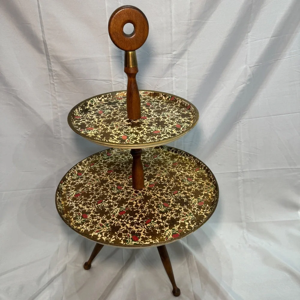 Vintage 2 Tier Floral Chintz Serving Tray Wood Spindle Tripod Stand 27in Cream